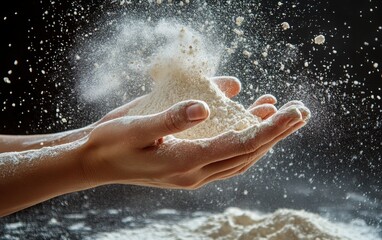 Fototapeta premium Close-up of hands holding flour in the air, close up on hand with powder flying around