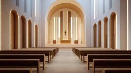 Obraz premium Modern church with a digital soundboard and streaming capabilities, sleek and minimalist architecture, natural and artificial light creating a warm ambiance 