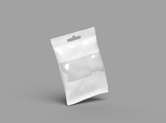 Render of resealable zip-lock bag with window and hanging hole on light background