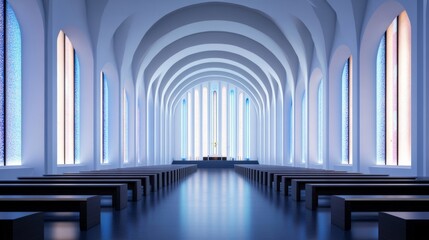 Obraz premium Modern church with virtual reality stations for immersive worship experiences, minimalist decor, and digital displays on the walls, futuristic atmosphere 