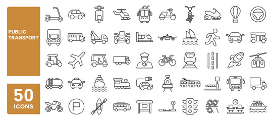 Set of 50 line icons related to public transport, taxi, train, tram, bus, airplane, car, ship, scooter, parking, Editable stroke. Vector illustration