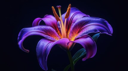 A mystical purple lily flower with a soft glow, isolated against a deep black background, evoking a sense of magic.