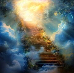 Fototapeta premium Ethereal Staircase to Paradise, Symbolizing the Promise of Eternal Joy and the End of Sorrow. A Vision of Revelation 21:4, a Serene Ascension to a Heavenly Abode.