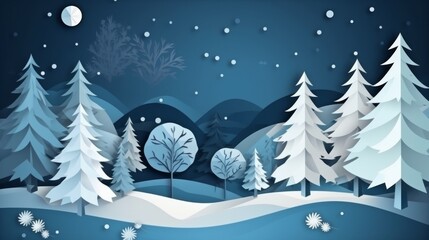 A blue and white paper drawing of a snowy forest with trees and a moon
