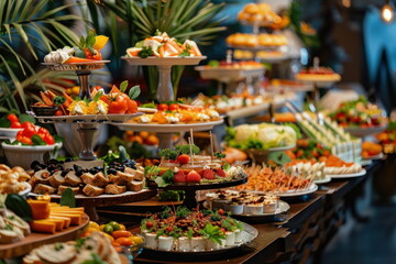 Fototapeta premium buffet foods on long table, Celebration, luxury food