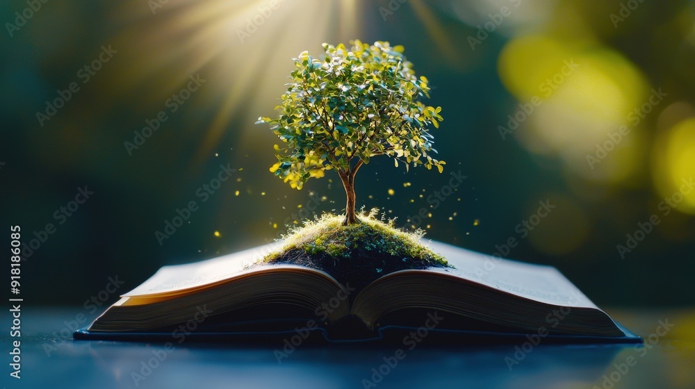 Poster a tree sprouting from the pages of an open book, signifying development