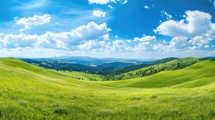 Fototapeta premium A panoramic banner of green hills and meadows under a vast blue sky, perfect for nature and outdoor themes.