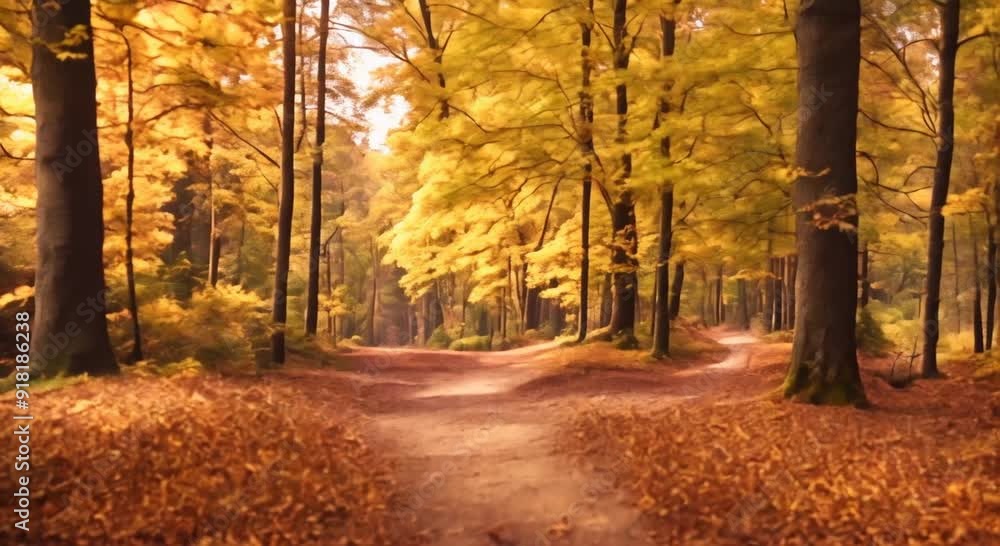 Poster natural scenery in the fall with a path in the middle of the forest seamless looping time lapse virt