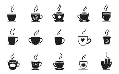 coffee cup icons set , hand drawn silhouette hot coffee cup and tea isolated vector on white background 