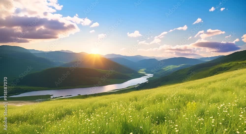 Poster scenery in the mountains with meadows and rivers seamless looping time lapse video animation backgro
