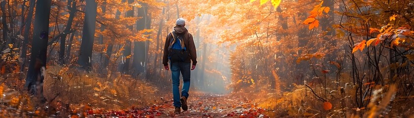 Obraz premium Overweight individual trekking on picturesque autumn forest trail surrounded by vibrant foliage