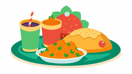  Fried rice with chili chicken, cold drink, pasta vector illustration