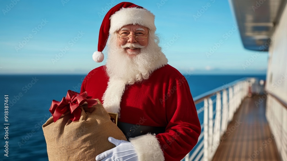 Poster Santa Claus on the ship's deck, holding a sack of gifts, passengers in holiday attire, ocean view in the background 