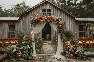 Rustic barn wedding with a flower backdrop and classic wooden chairs