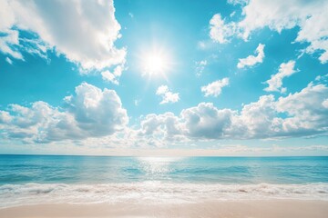 Panorama of clear sky background for summer vacation concept at ocean and summer sea water with sunlight of beautiful cloudy sky with generative ai