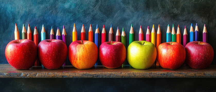 Back to School Essentials,  A nostalgic still life scene showcasing an assortment of colored pencils radiating brightness alongside luscious red apples, all set against an aged