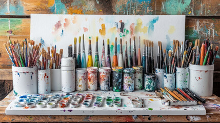Obraz premium art supplies selection, A collection of assorted art supplies displayed on a white artist's palette. Items include watercolor paints, fine-tip markers, and an assortment of