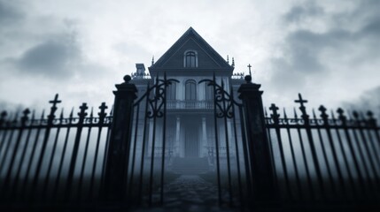 Obraz premium Spooky haunted house with an old iron gate, foggy graveyard in the front, dark sky with swirling clouds 