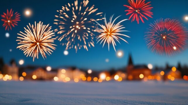 Spectacular Christmas fireworks display over a snowy town, colorful explosions lighting up the night sky, festive holiday decorations below, wide angle, vibrant and magical 