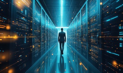 IT Engineer in big database server center office, High Speed Data Transfer, Server Transfer, Technology Science Breakthrough, Progress, Innovation Concept