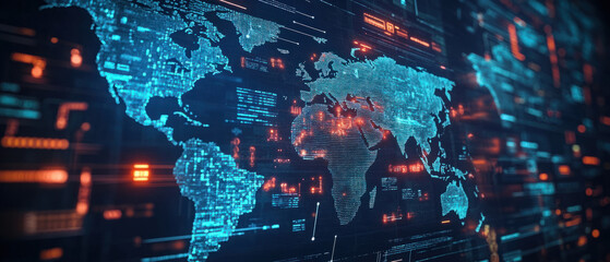 AI Global economic,  Close-up of a high-tech economic world map, adorned with interactive hologram annotations. The background features a futuristic data visualization wall, as