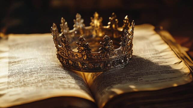 A royal crown lying on the pages of an ancient book, representing the intersection of authority and wisdom.