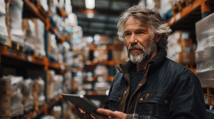 Obraz premium Middle-aged man checking warehouse inventory with tablet computer for accurate accounting and bookkeeping