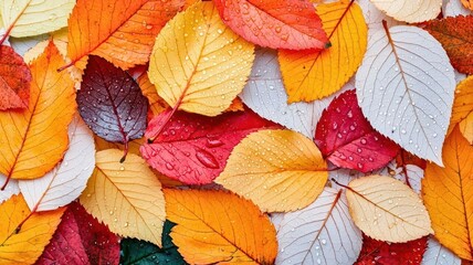 Colorful autumn leaves with vibrant hues of yellow, red, and orange, creating a beautiful natural carpet on the ground.