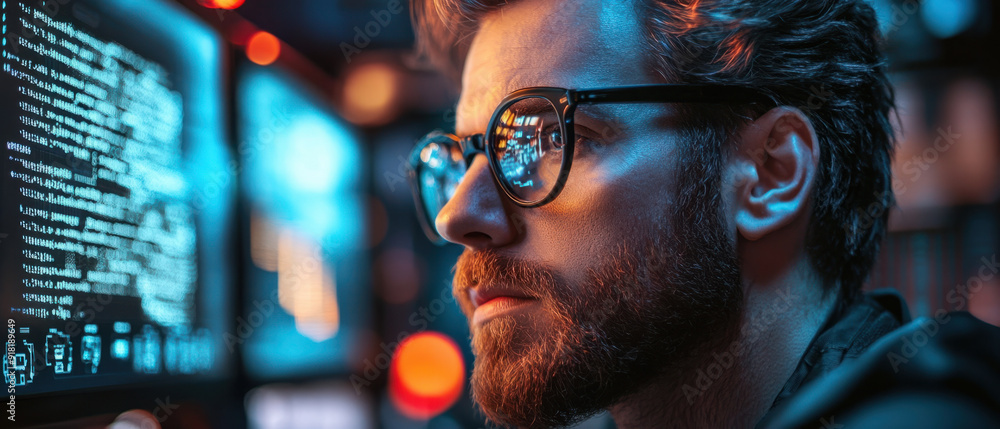 Poster ethical hacking, a side view of a focused hacker wearing thick-rimmed glasses, his eyes fixed on a f