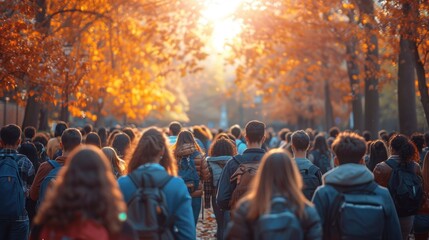College Students in Motion: Crowded Campus on a Sunny Day