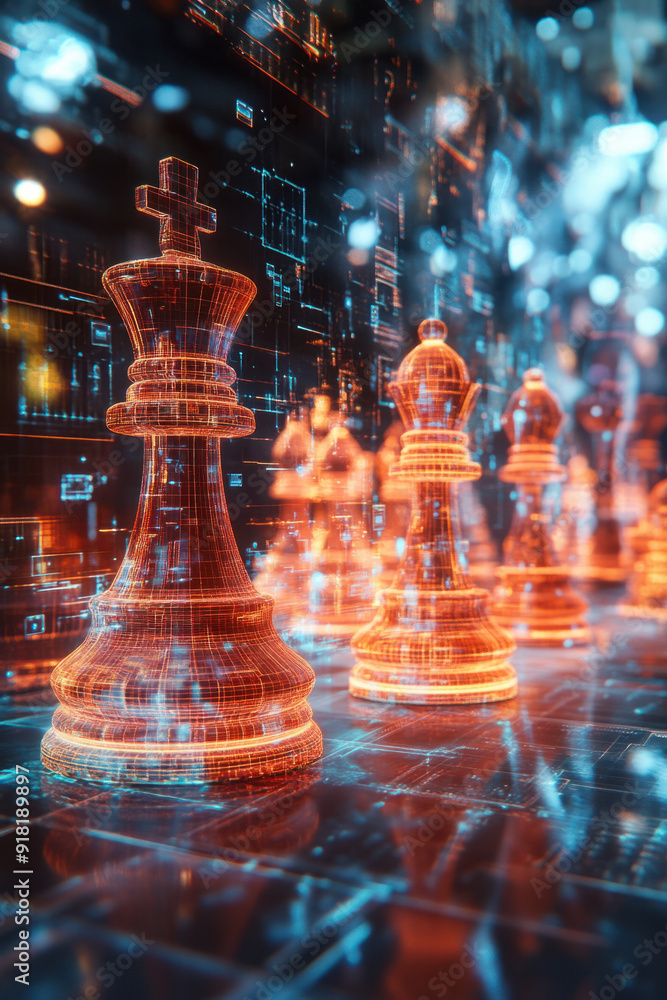Poster chess business strategy, in a high-tech arena, a collection of holographic chess pieces may be obser