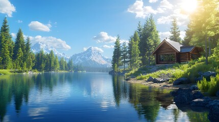 Fototapeta premium Serene lakeside cabin, bright sunny day, crystal clear water, perfect reflection, lush pine forest, vibrant green foliage, wooden log house, tranquil atmosphere, panoramic view, landscape.