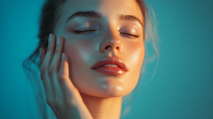 woman touching her face with her hands on blue background