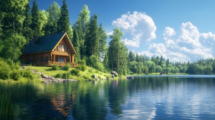 Fototapeta premium Serene lakeside cabin, bright sunny day, crystal clear water, perfect reflection, lush pine forest, vibrant green foliage, wooden log house, tranquil atmosphere, panoramic view, landscape.