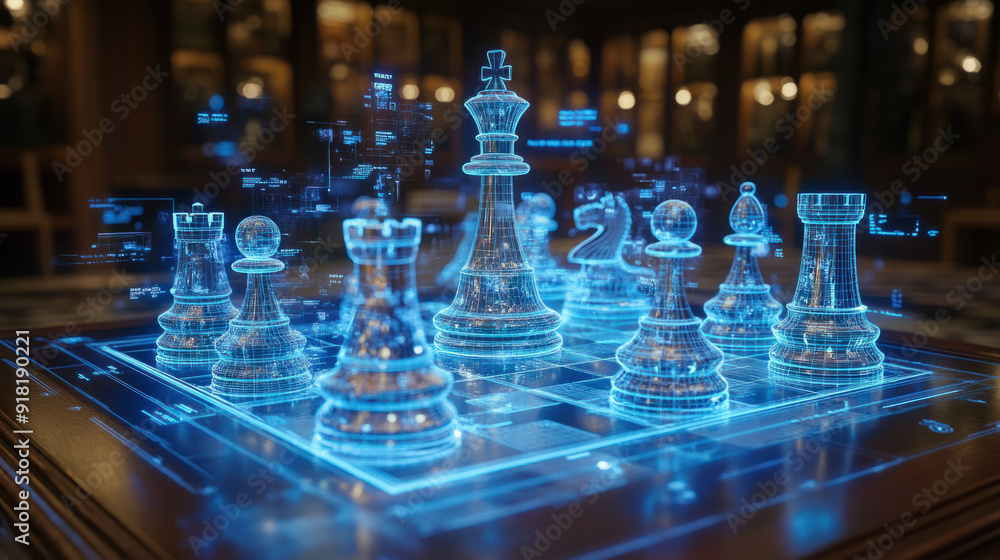 Poster chess business strategy, floating holograms of chess pieces, prominently featuring a rooks and pawns