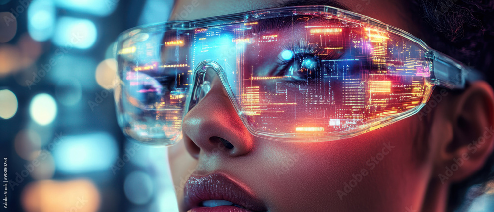 Poster cybernetic vision, a person wearing futuristic glasses gazes intently at a digital interface, the le