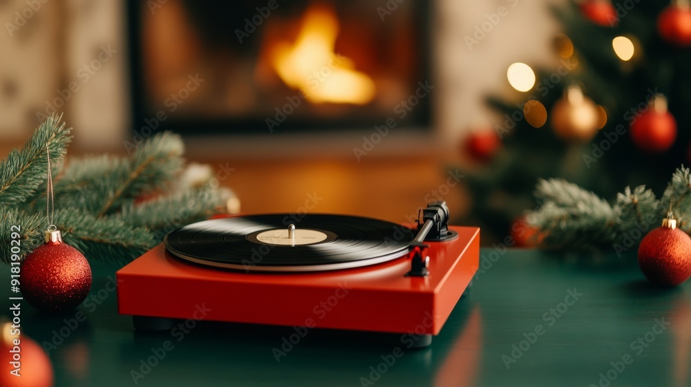 Poster Top view of a retro Christmas record player spinning a holiday vinyl, with vintage decorations and a cozy fireplace in the background 