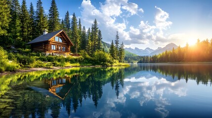 Fototapeta premium Serene lakeside cabin, bright sunny day, crystal clear water, perfect reflection, lush pine forest, vibrant green foliage, wooden log house, tranquil atmosphere, panoramic view, landscape.