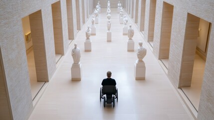 Top view of a museum gallery with wide pathways, accessible seating, and visitors using mobility aids, showcasing an inclusive environment 
