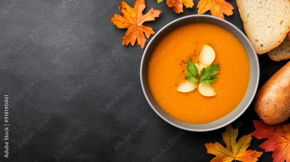 Poster top view of a roasted parsnip and pear soup, served with crusty bread and autumn leaf decorations