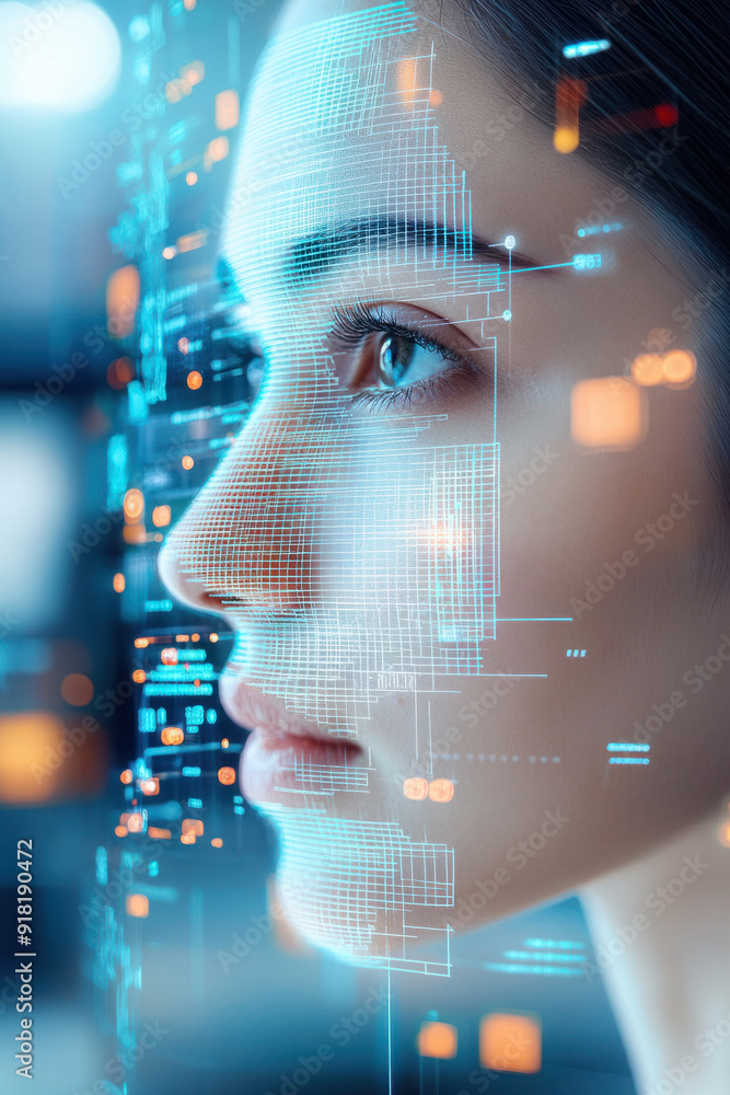 Poster ai face recognition, a close-up of a female visage, adorned with a colorful wireframe overlay depict