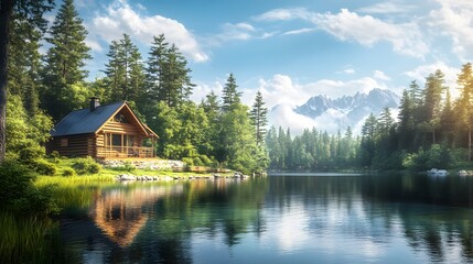 Obraz premium Serene lakeside cabin, bright sunny day, crystal clear water, perfect reflection, lush pine forest, vibrant green foliage, wooden log house, tranquil atmosphere, panoramic view, landscape.