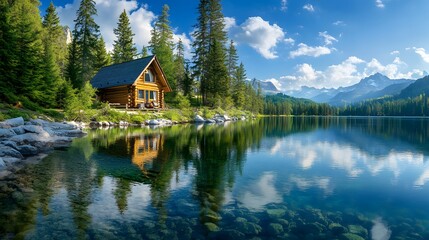 Fototapeta premium Serene lakeside cabin, bright sunny day, crystal clear water, perfect reflection, lush pine forest, vibrant green foliage, wooden log house, tranquil atmosphere, panoramic view, landscape.