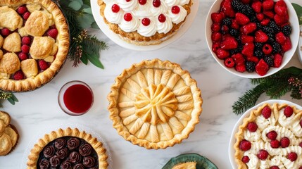 Top view of a retro Thanksgiving dessert table with pies, cookies, and cakes, all displayed on vintage stands and platters 