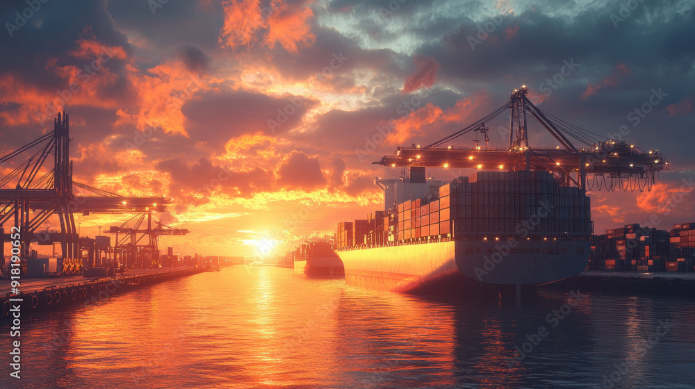 Poster port logistic, a serene container ship at a busy port, with dockworkers carefully loading boxes and 