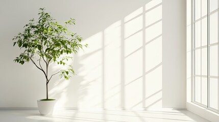 A simple, modern interior featuring a white room with a green plant by a window, bathed in natural sunlight.