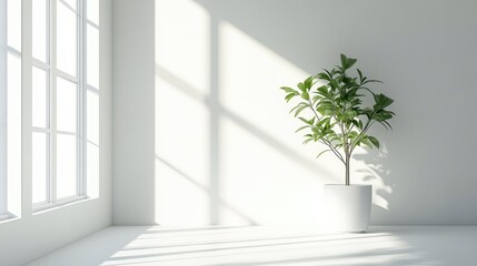 A simple, modern interior featuring a white room with a green plant by a window, bathed in natural sunlight.