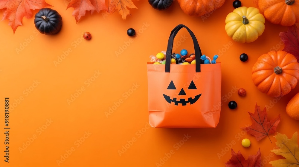 Sticker top view of a trick-or-treat bag with handles, filled with candy and small toys, surrounded by autum