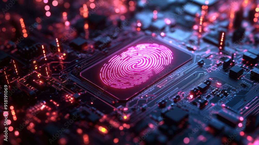 Poster digital fingerprint, holographic fingerprint icon hovering above a luminous digital circuit board, s
