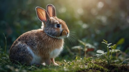 Fototapeta premium Cute brown rabbit, sitting in grass, wildlife animal, outdoor scene
